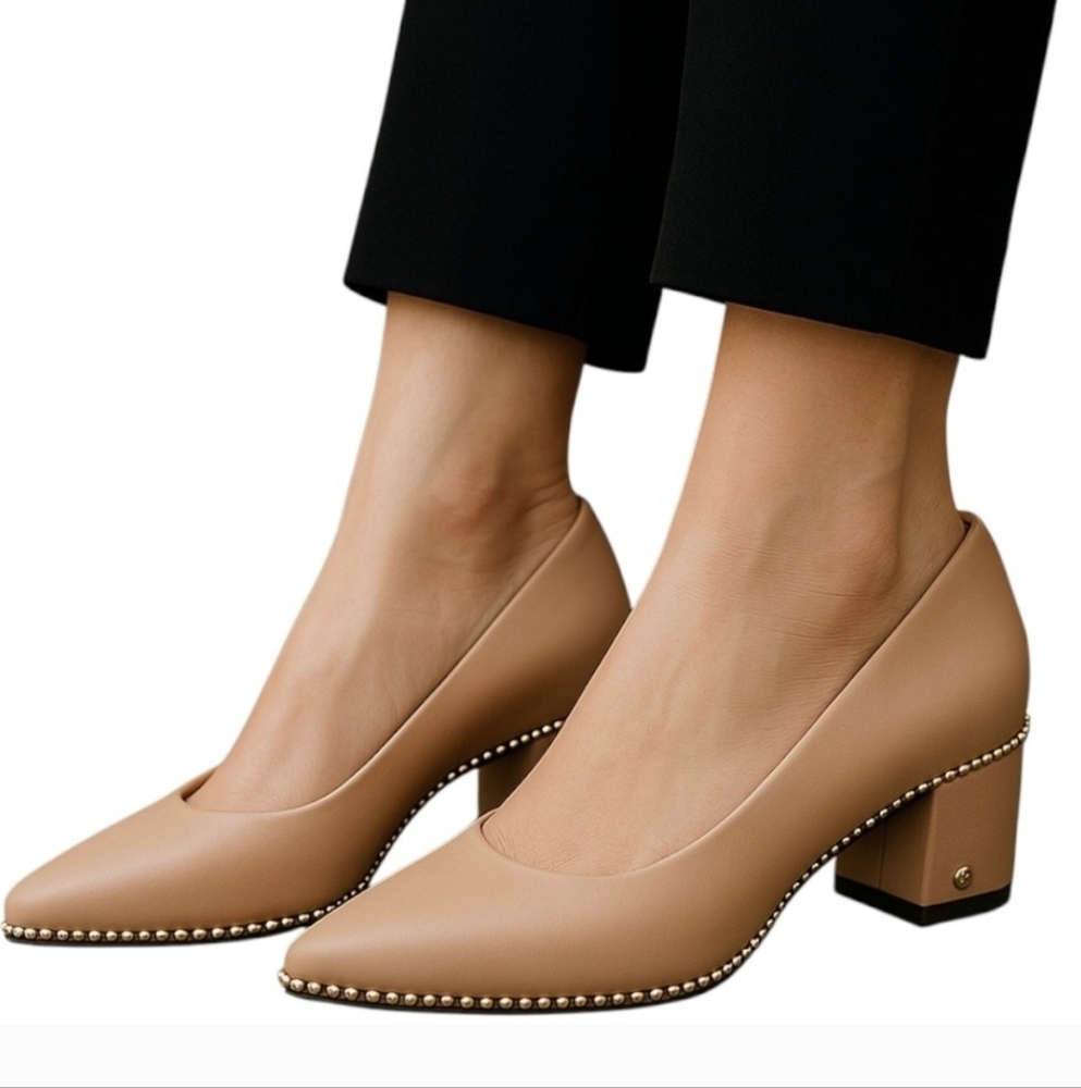 Coach Women's‎ Beige Leather Willa Block Heel Pumps Size 9.5 Beechwood - Picture 2 of 6